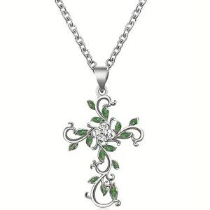 Flower Cross Rhinestone Silver Tone Pendant Necklace Intricate Design NEW